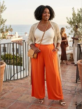Chic Orange Self-Double Layer Wide-Leg Women's Pants